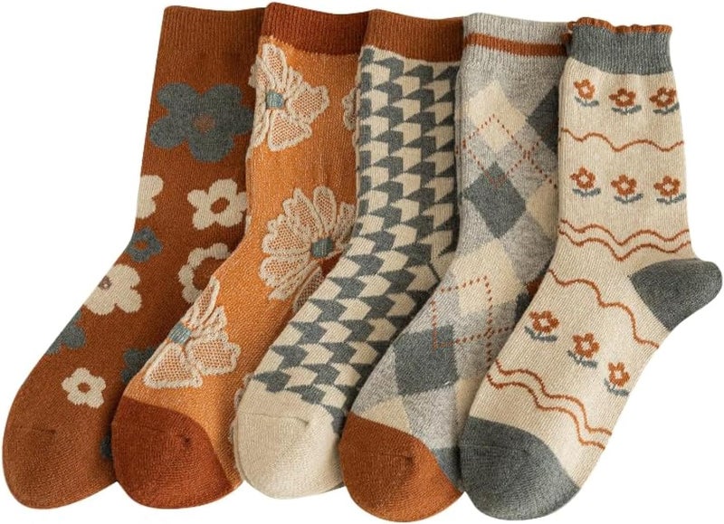 FORJMMP 5/10 Pairs Wool Socks for Women Thick Knit Vintage Cute Floral Crew Socks - Image 1